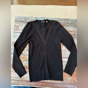 Tahari High Quality Black V-Neck Sweater with Gold Studs